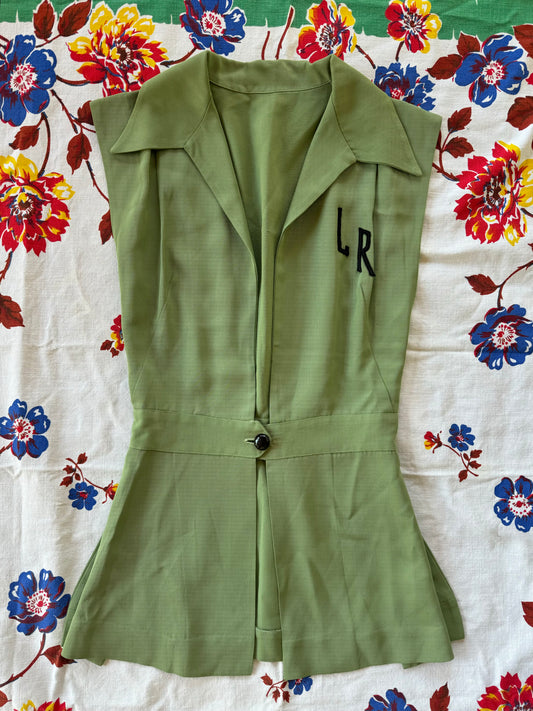 1940s Pistachio Gabardine “LR” Monogrammed Pinafore Top- XS