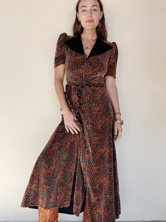 1930s/40s Deco Velvet Speckle Hostess Gown w/ Braided Belt- S/M