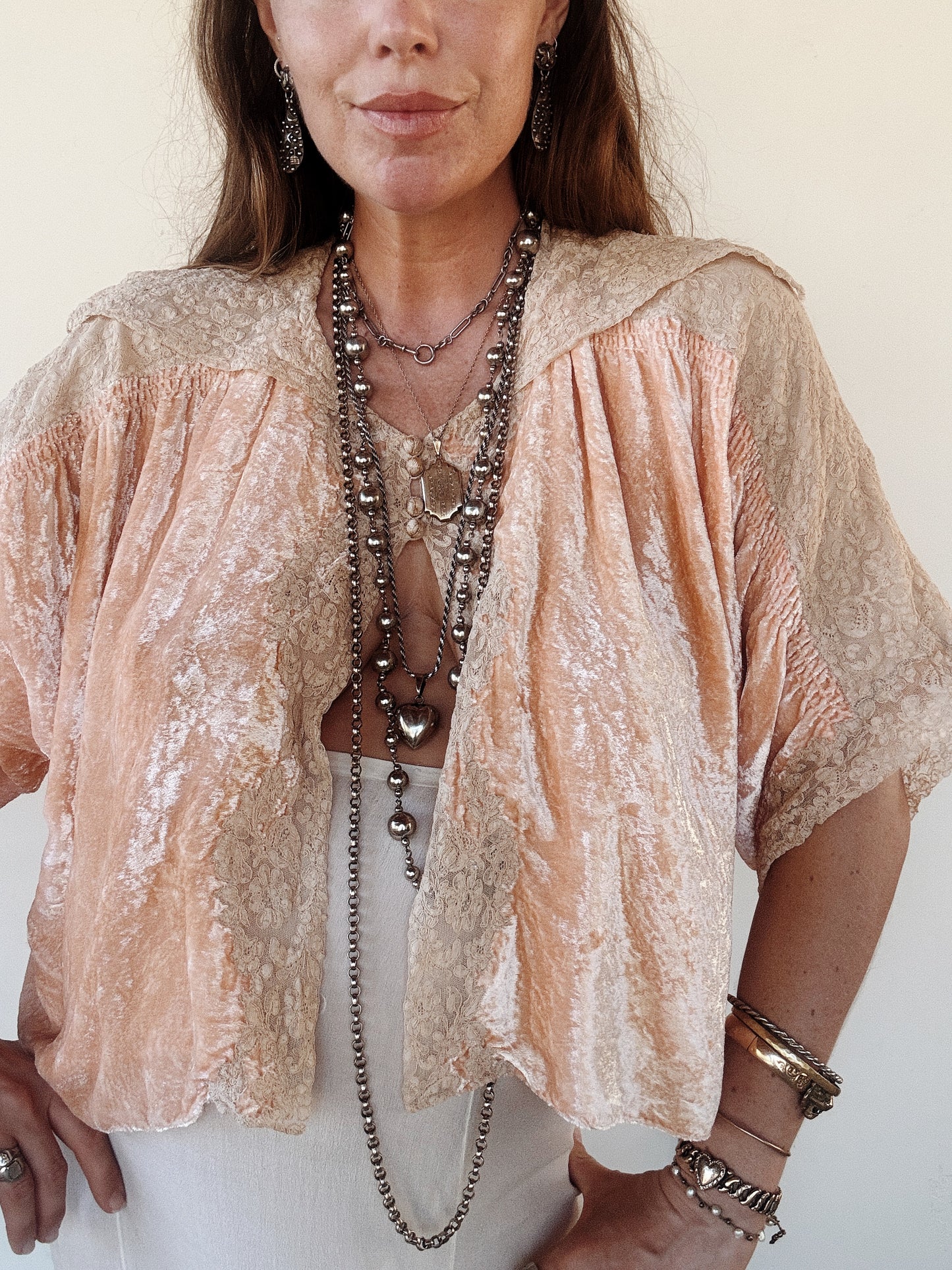 1930s Ruched Bubblegum Crushed Velvet + Lace Bed Jacket w/ Oversized Collar- M-L