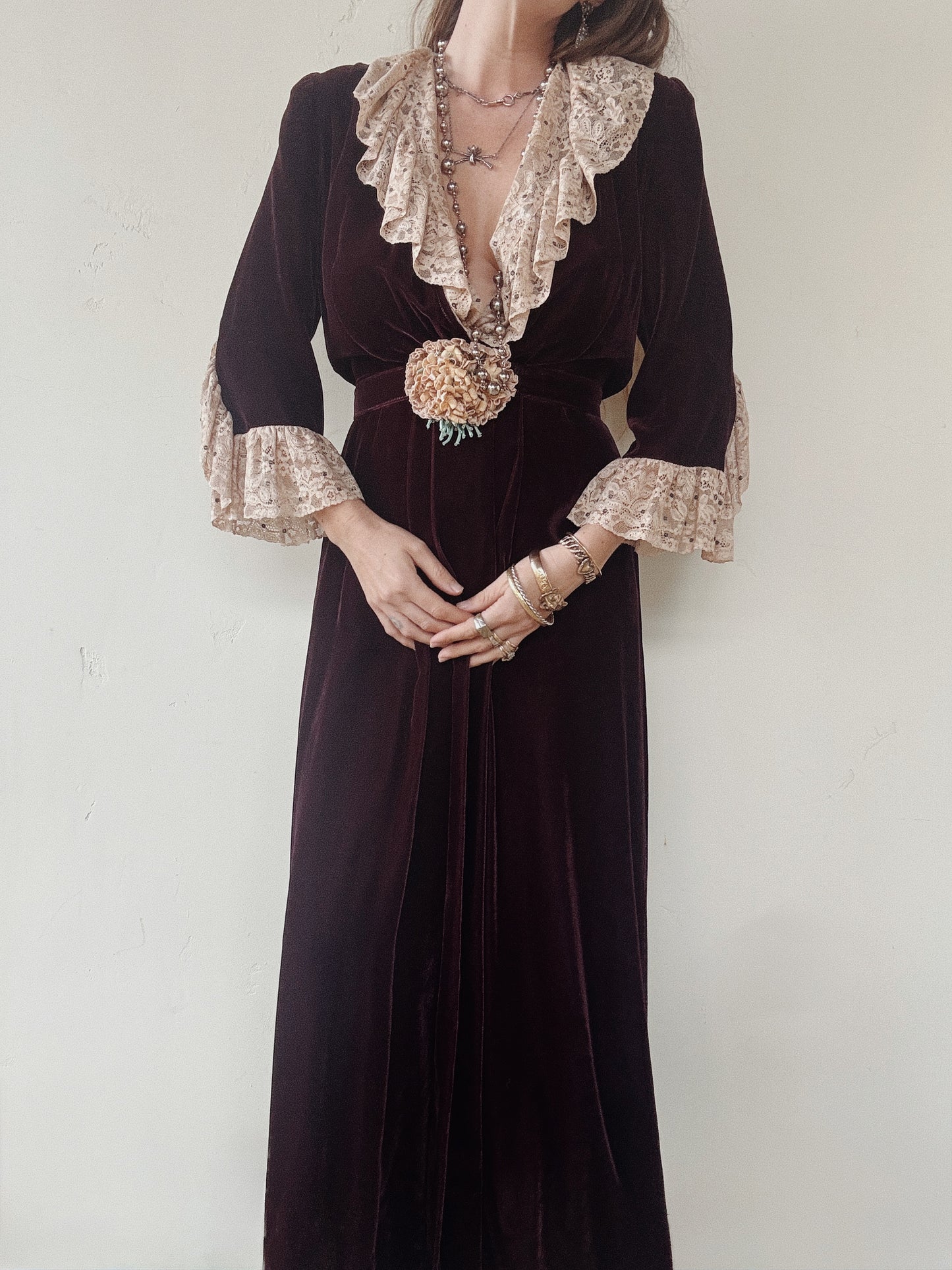 1930s/40s Aubergine Velvet + French Lace Dress w/ Rhinestones- S/M