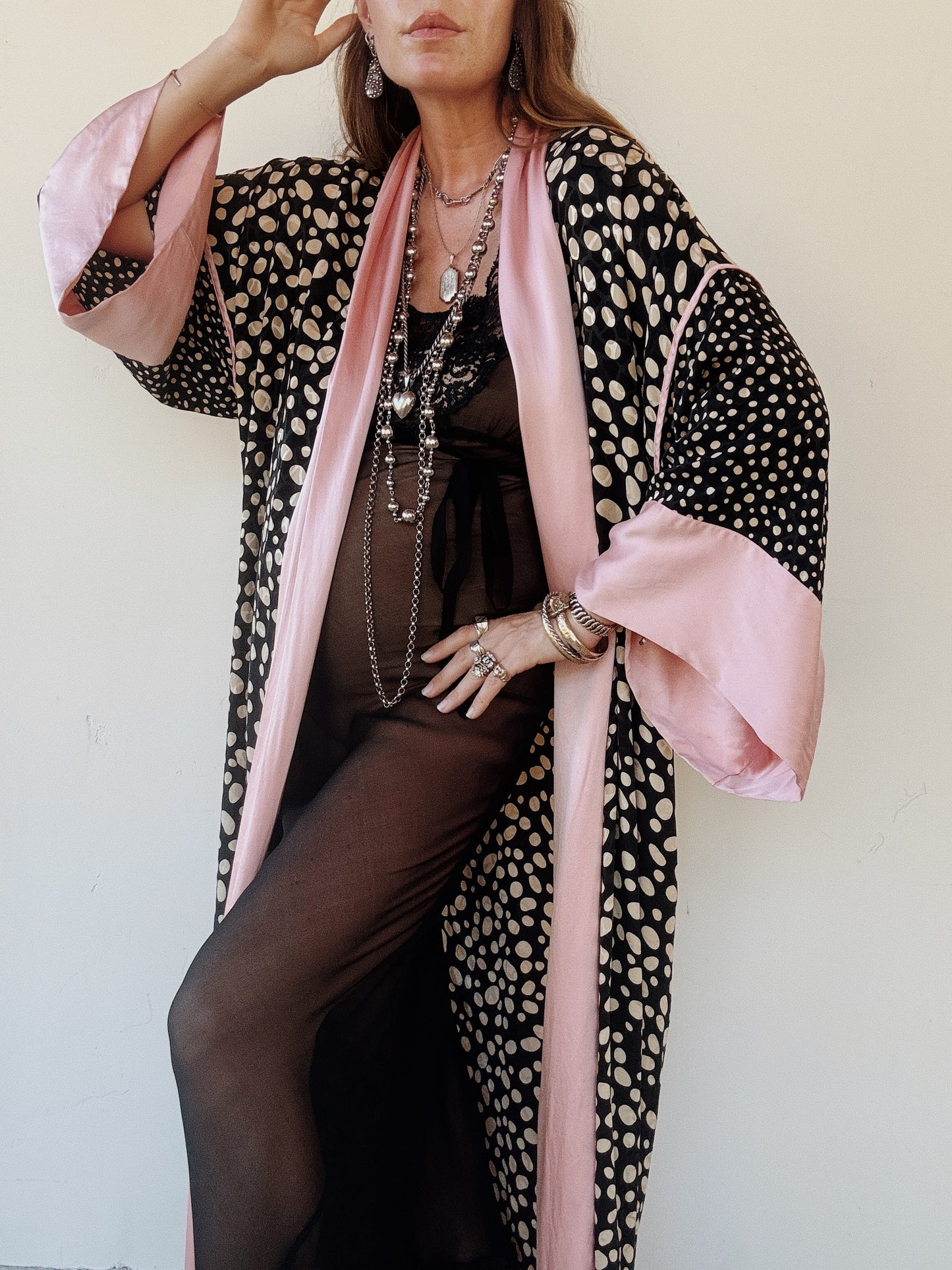 1970s/80s Guy Laroche Polka Dot Silk Duster Robe w/ Pink Charmeuse Trim