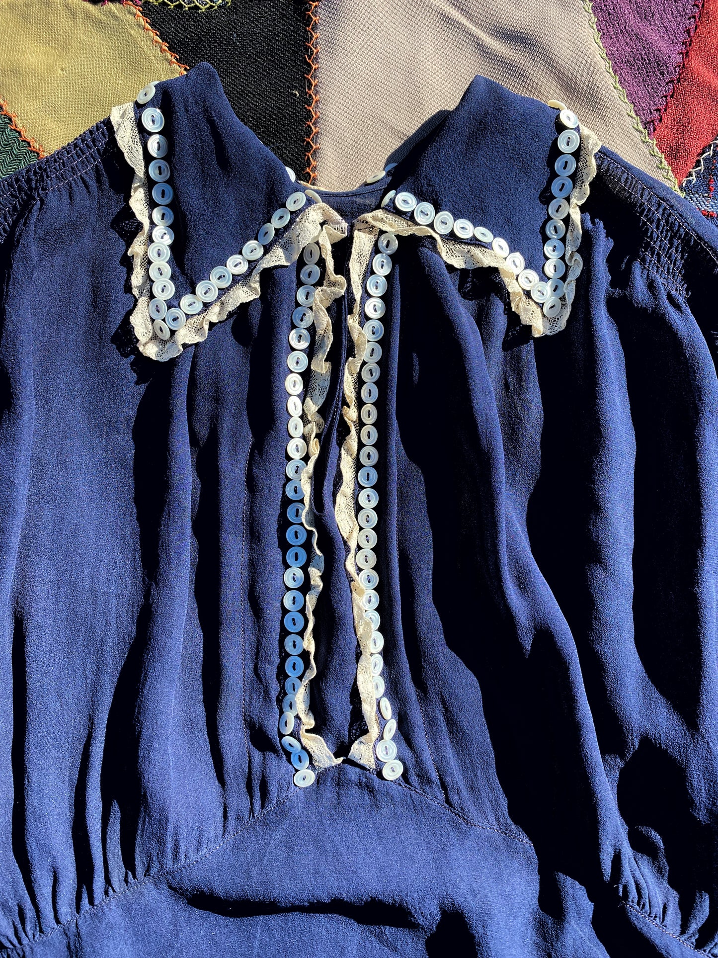 1920s/30s Sapphire Chiffon Blouse w/ Mother of Pearl Button Neckline- M