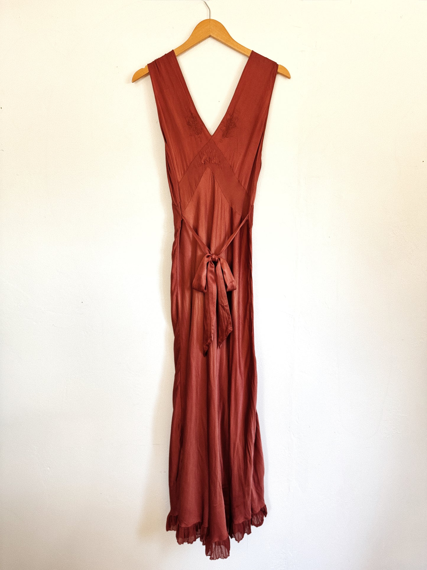 1930s Cocoa Silk Gown w/ Floral Embroidery- S-M