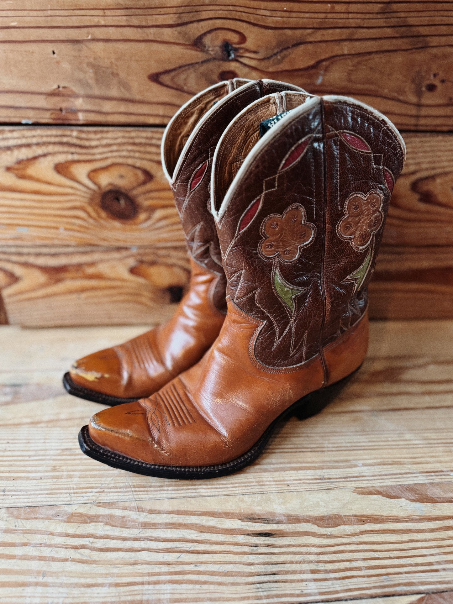 1950s Pee Wee Cowboy Boots w/ Tooled Floral Inlay- 8