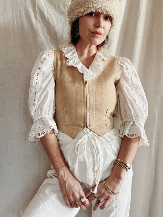 1930s Cropped Sand Suede Vest w/ Brass Talon Grommet Zip + Side Cinches- S