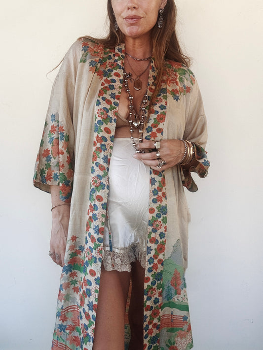 1920s Pongee Silk Printed Duster Robe- O/S