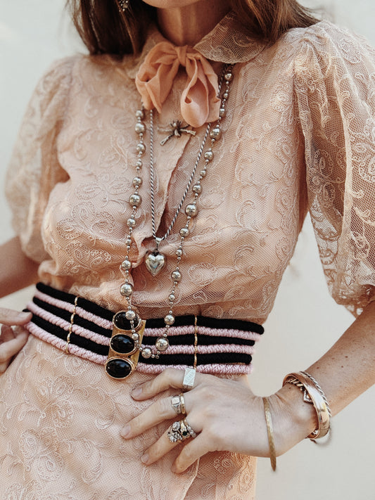 1980s YSL Pink + Black Corded Belt w/ Enamel Buckle- M/L