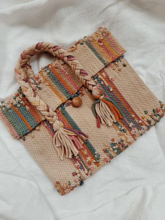 1930s Beige + Rainbow Woven Bag