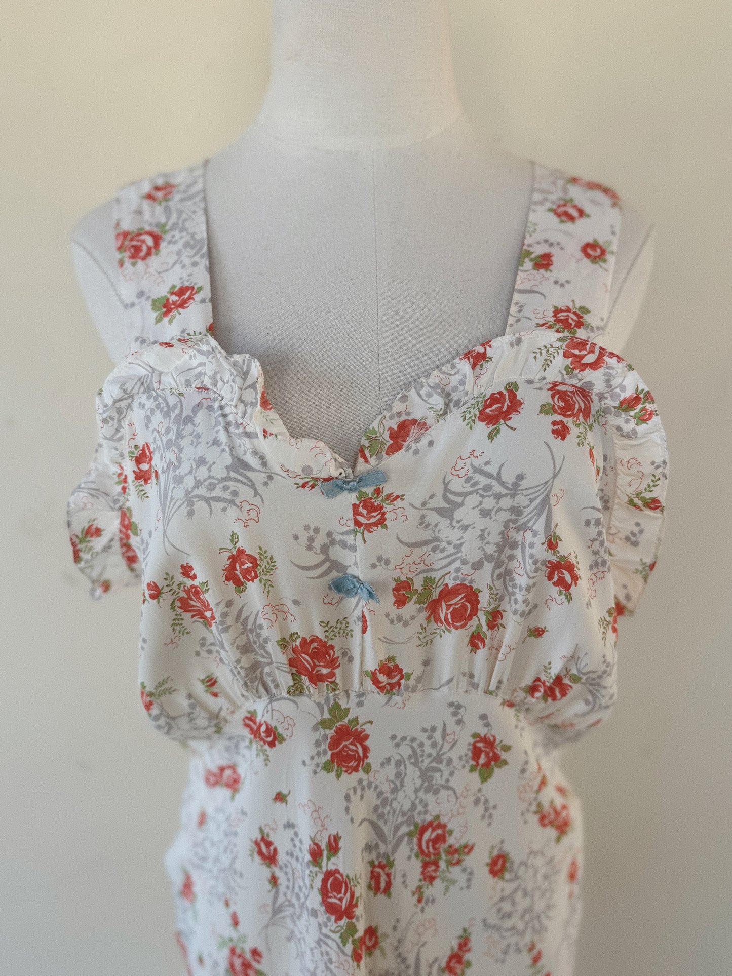 1940s Rose + Lily of the Valley Ruffle Cold Rayon Slip Dress w/ Blue Bows- M-M/L