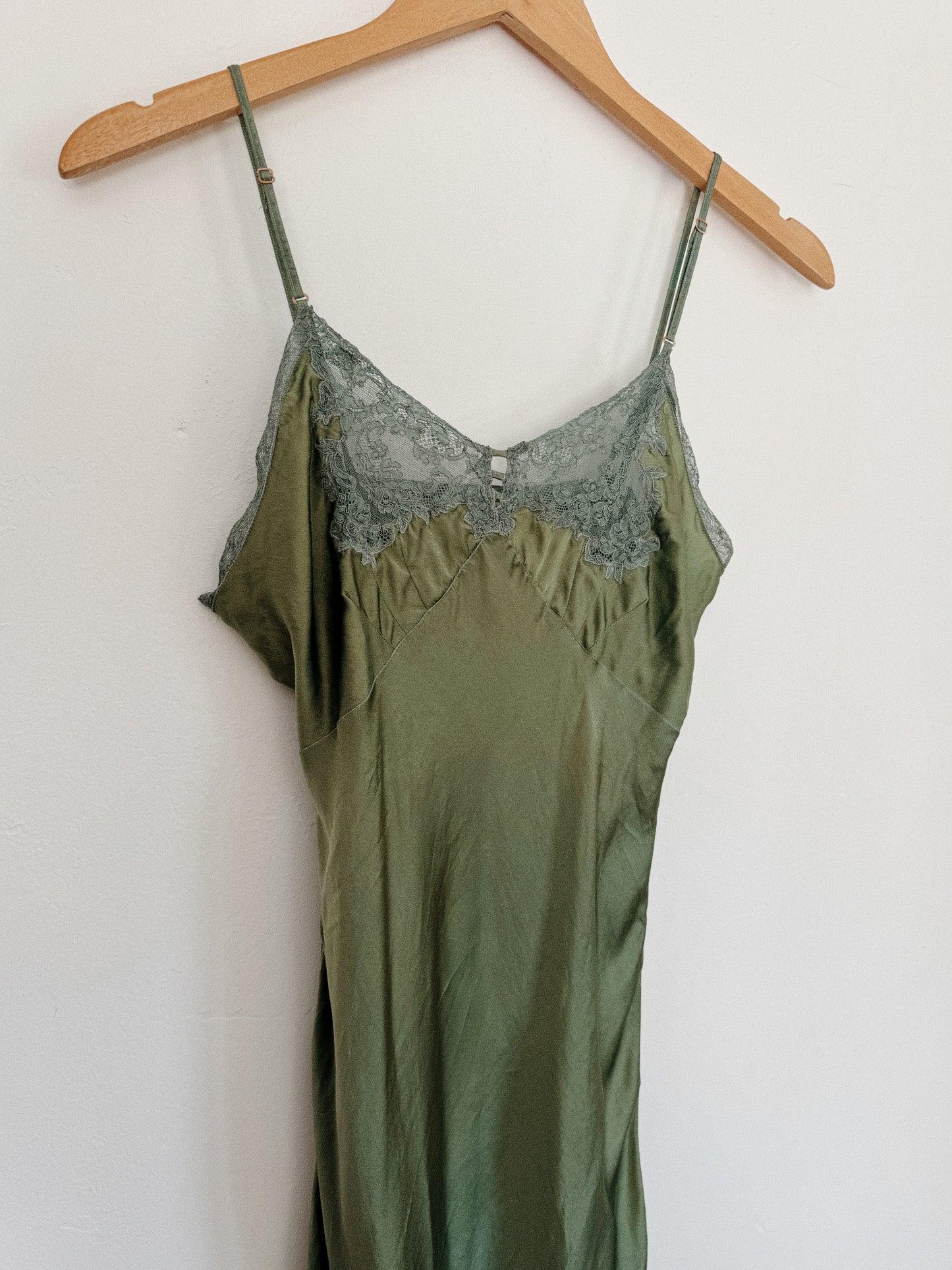 1940s Moss Green Silk Spaghetti Slip Dress w/ Lace Trim- S
