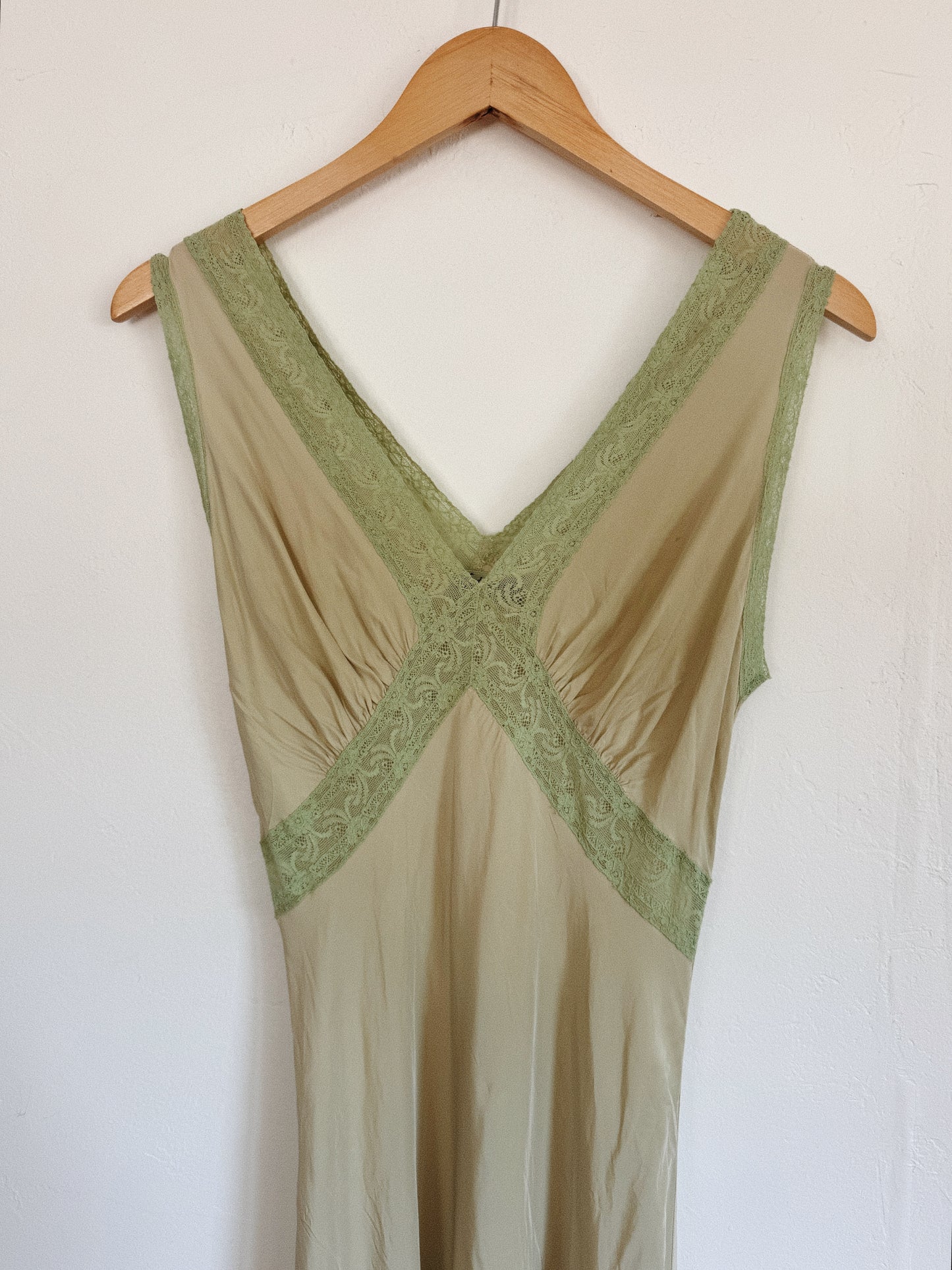 1940s Honeydew Rayon + Lace Bias Cut Slip Dress- S