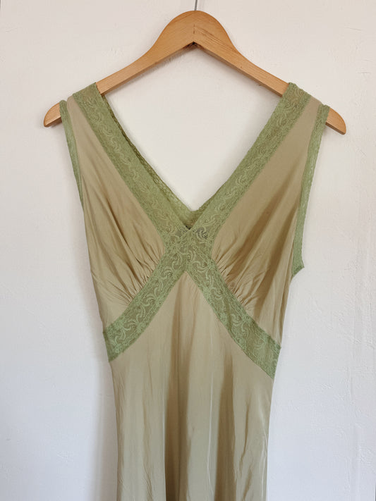 1940s Honeydew Rayon + Lace Bias Cut Slip Dress- S