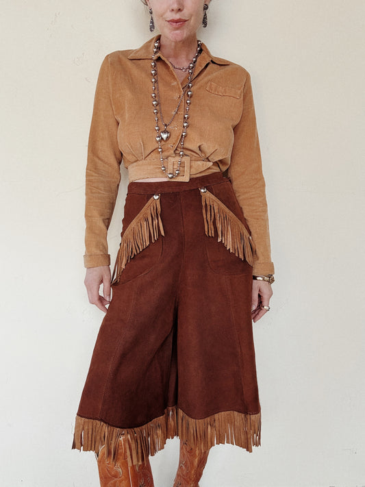 1930s Two Tone Suede Fringe Western Split Skirt Pants- S/M