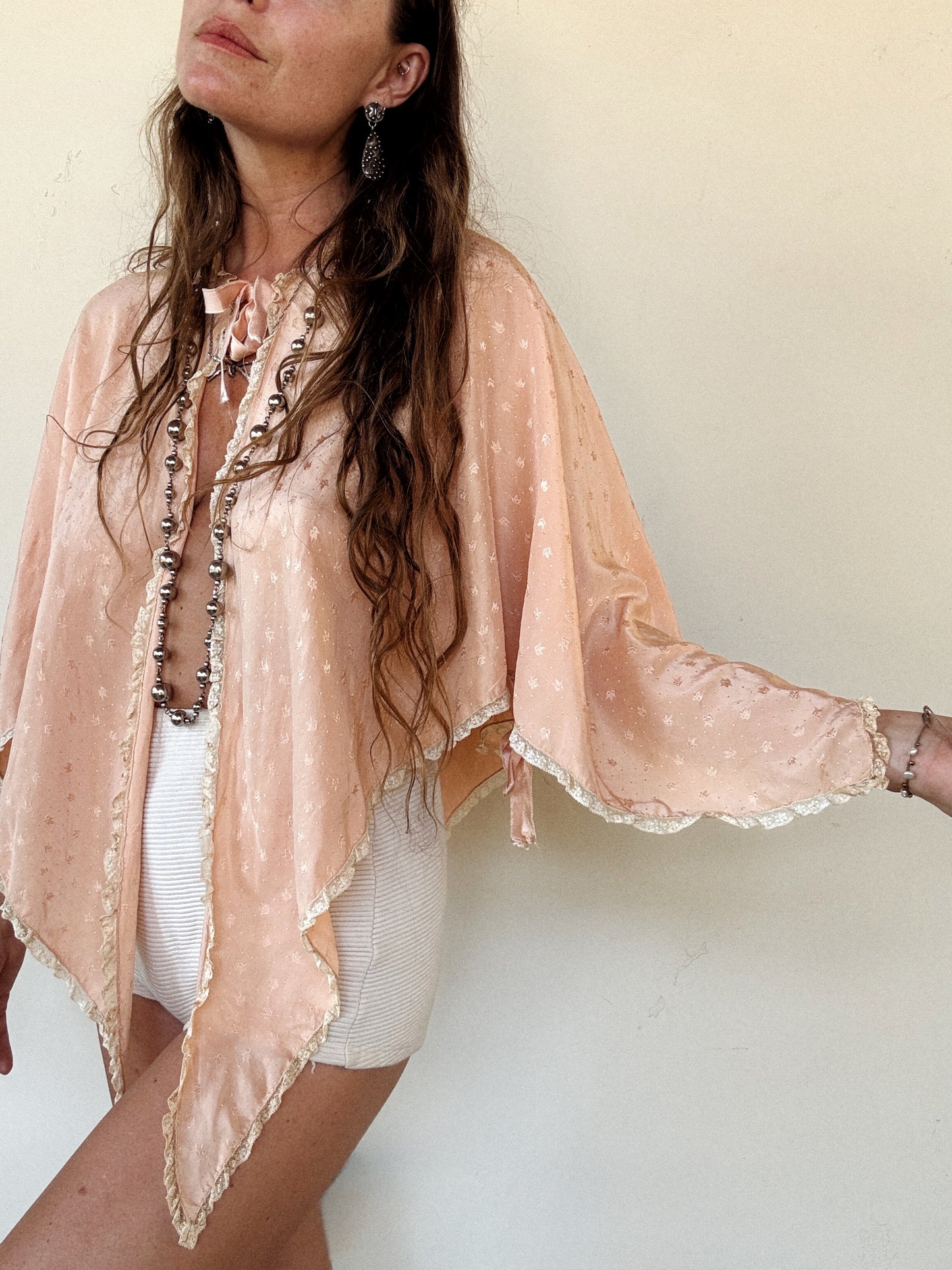 1930s Dusty Rose Silk Brocade Hanker Chief Bed Jacket- S-M