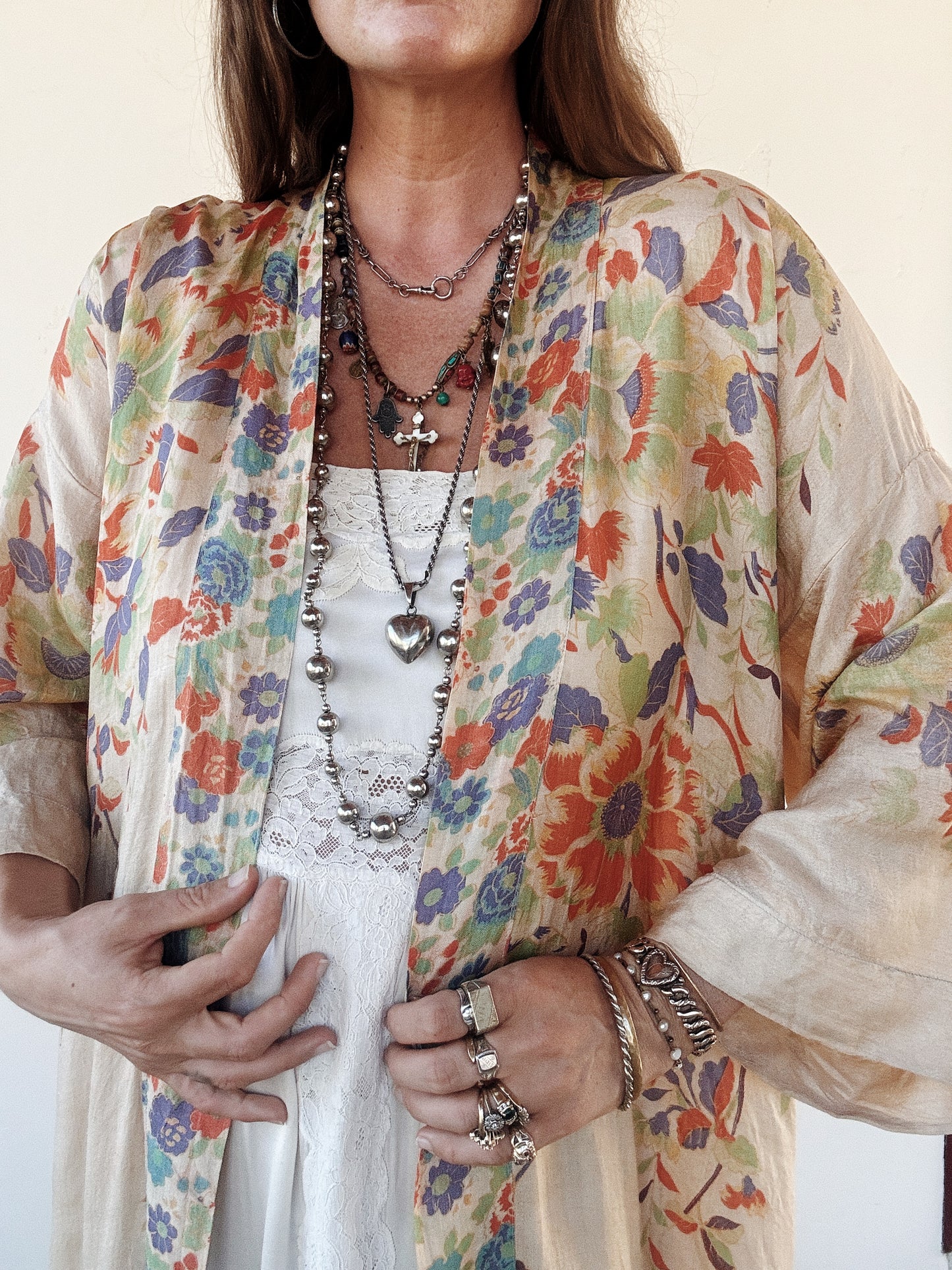 1920s Vibrant Pongee Silk Long Duster Robe