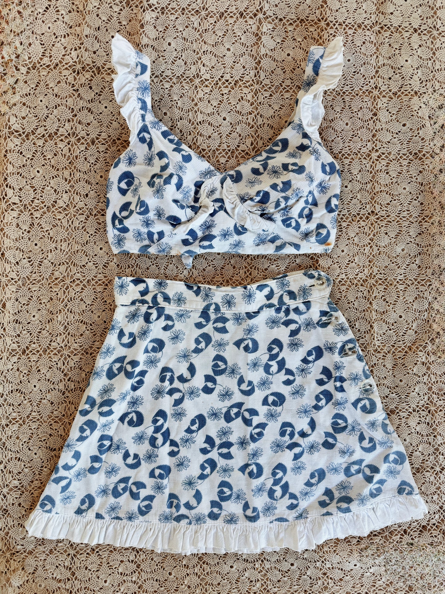 1930s White + Blue Piqué Floral + Ruffle Play Set- S