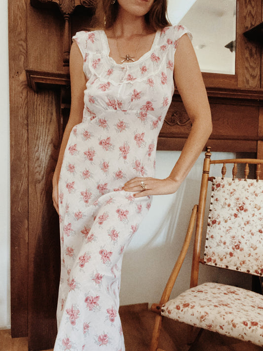 1930s/40s White Orchid Print Batiste Cotton Slip Dress- 6/8