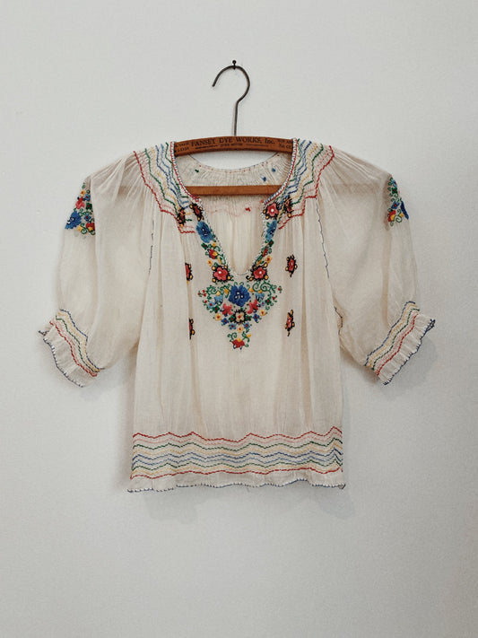 1930s Hungarian Embroidered Cropped Blouse- S