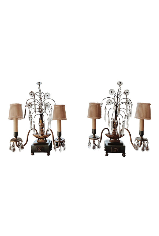 Pair Mid Century French Girandoles Accent Lamps w/ Crystal Accents