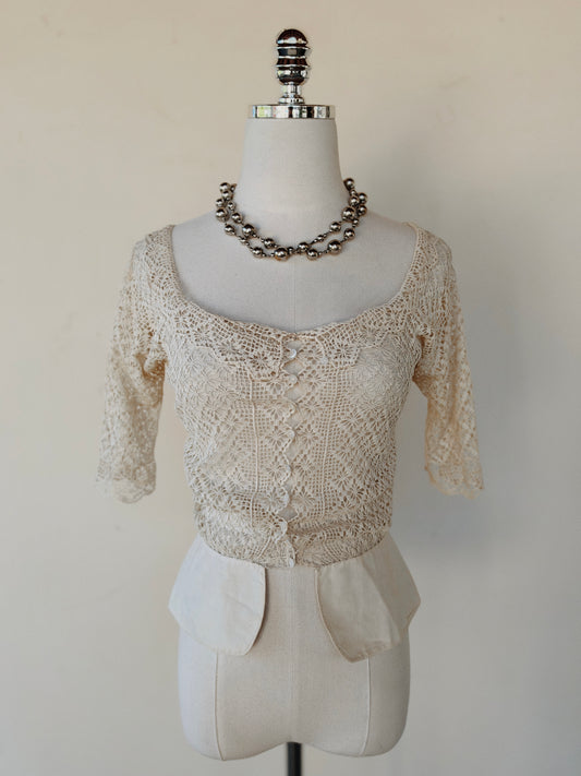 Antique Off the Shoulder Crocheted Top w/ Peplum- S