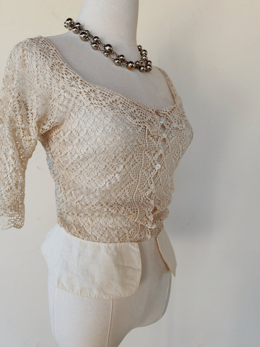 Antique Off the Shoulder Crocheted Top w/ Peplum- S