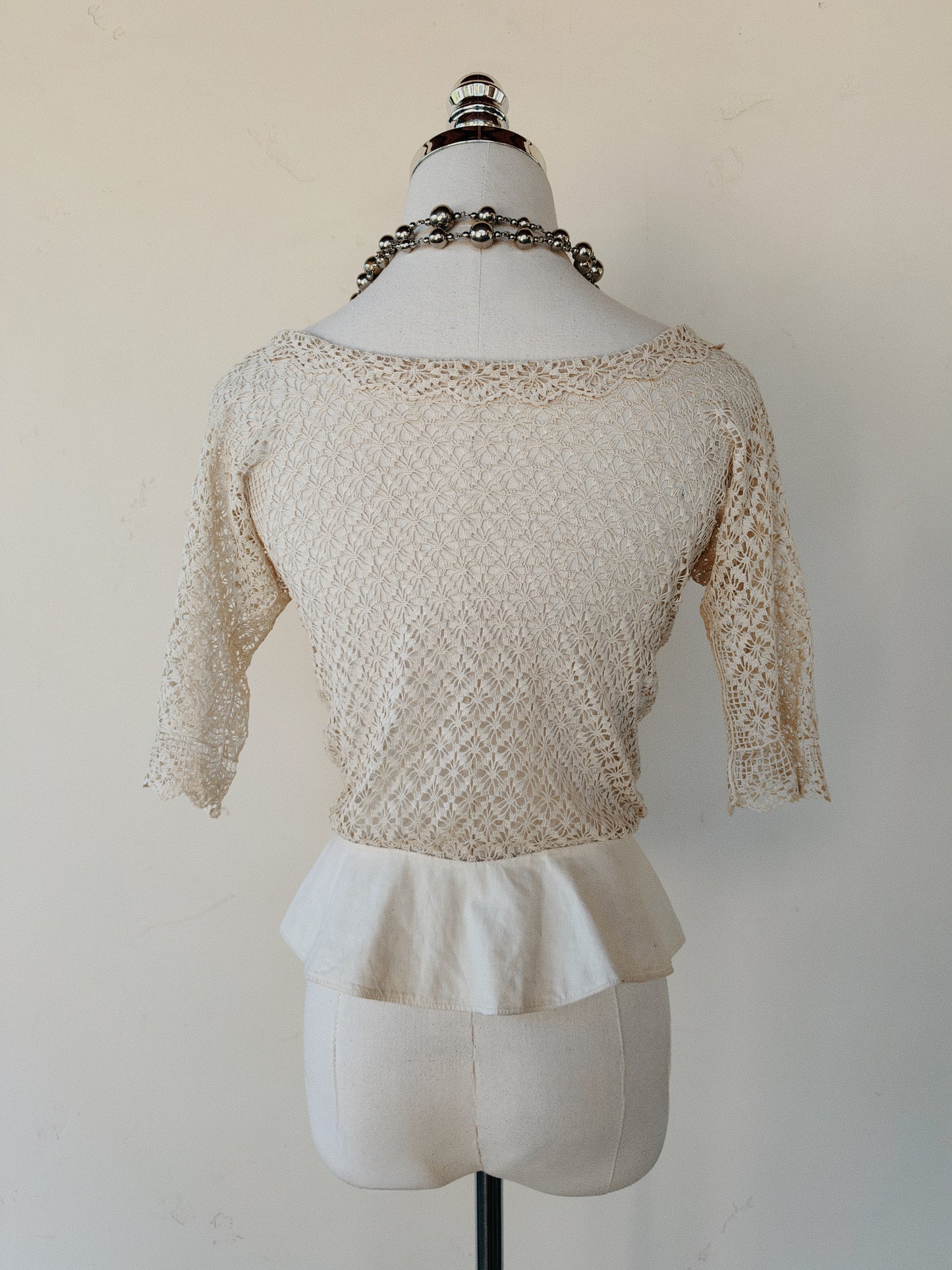 Antique Off the Shoulder Crocheted Top w/ Peplum- S
