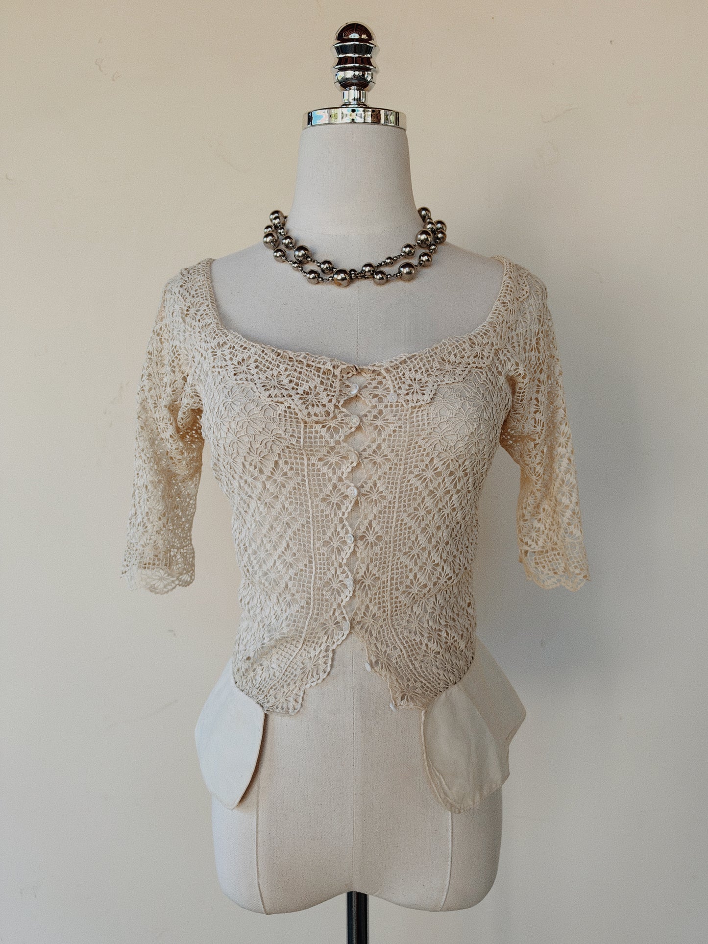 Antique Off the Shoulder Crocheted Top w/ Peplum- S