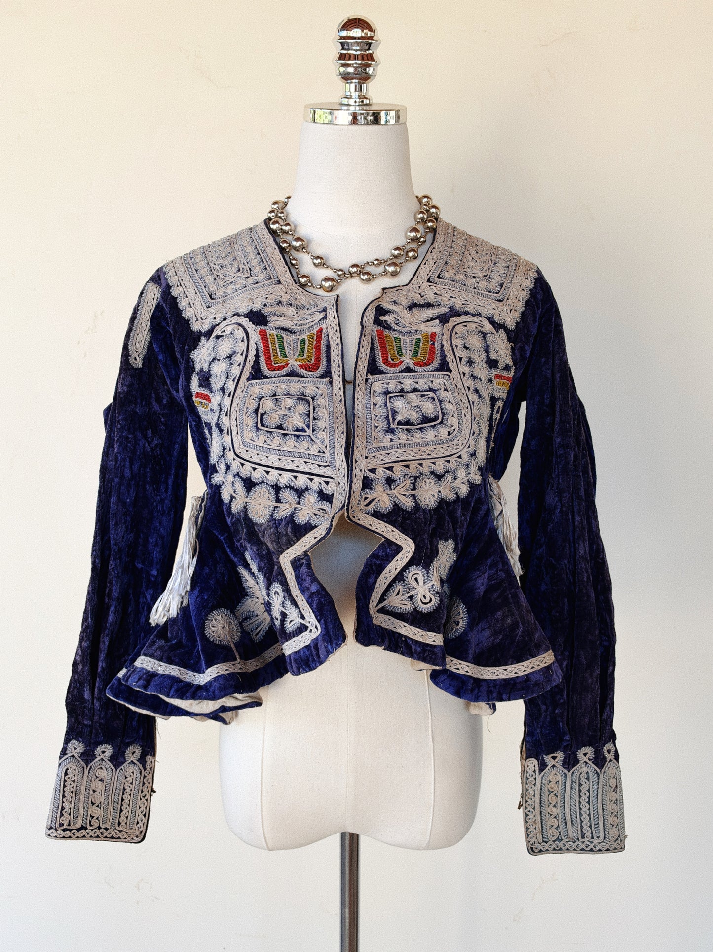 Antique Cobalt Blue Velvet Beaded Folk Jacket w/ Peplum- S/M-M