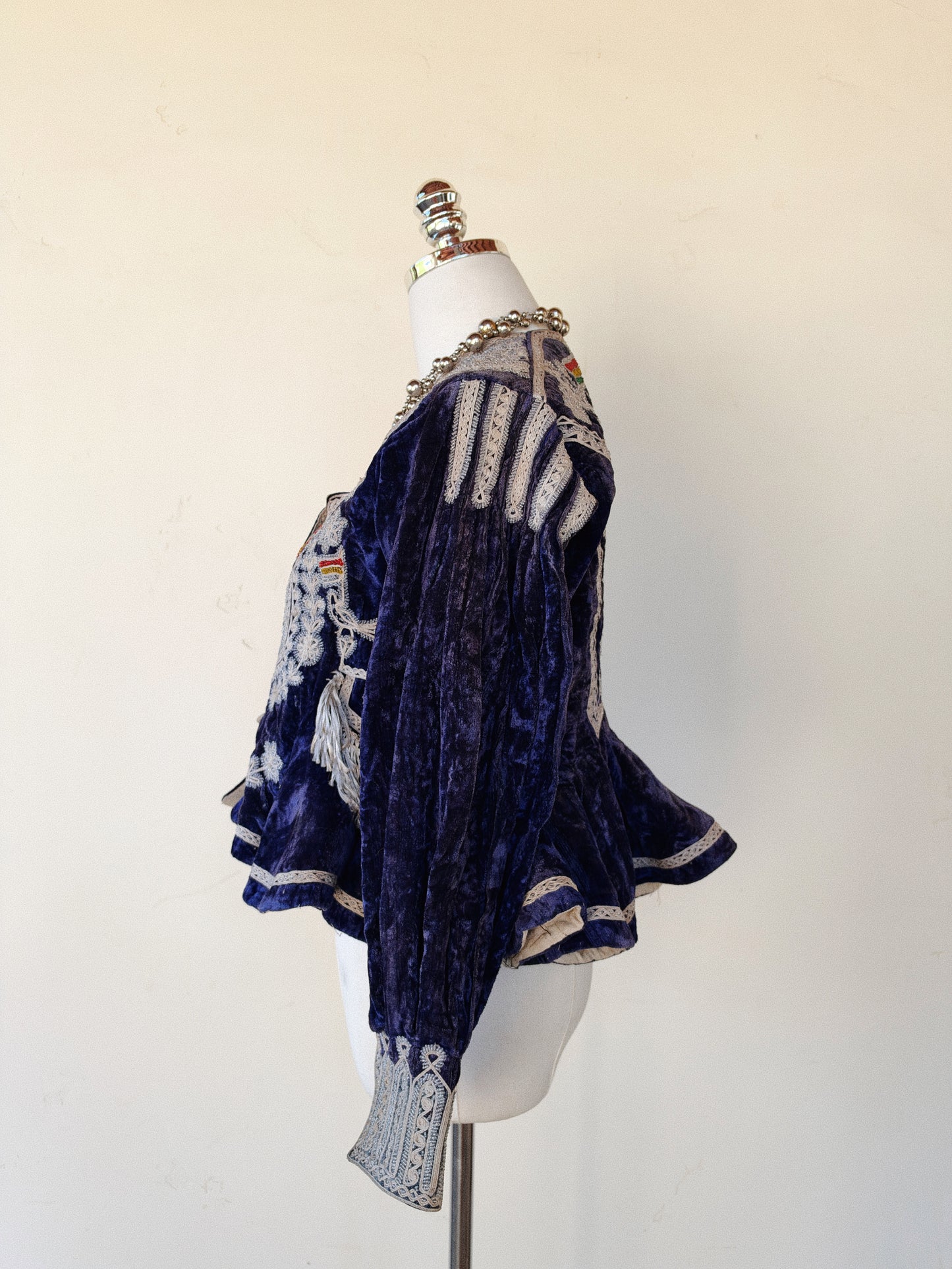 Antique Cobalt Blue Velvet Beaded Folk Jacket w/ Peplum- S/M-M