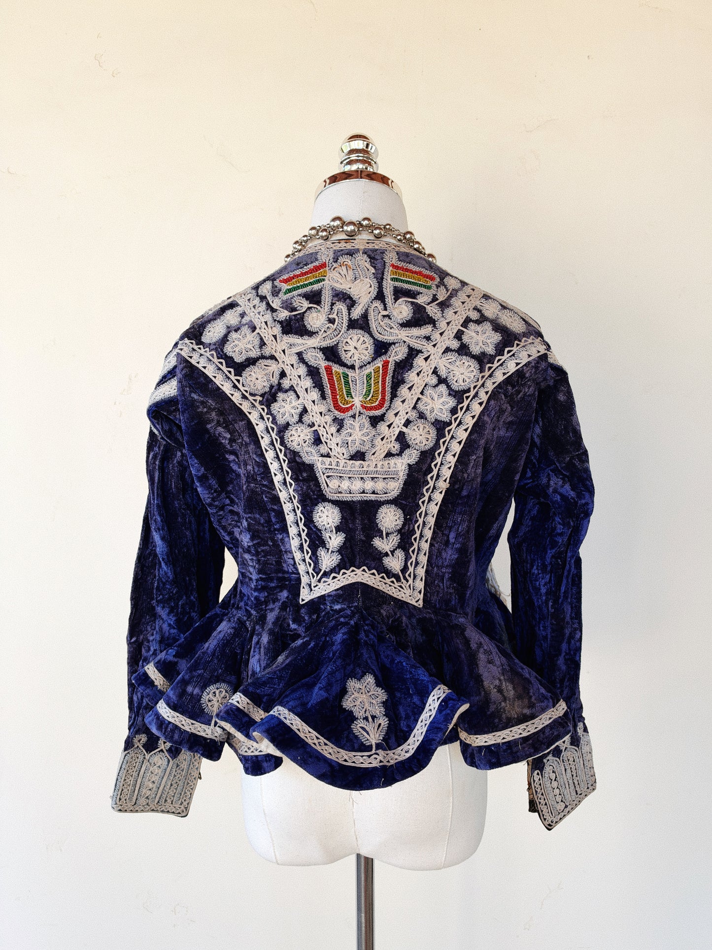 Antique Cobalt Blue Velvet Beaded Folk Jacket w/ Peplum- S/M-M