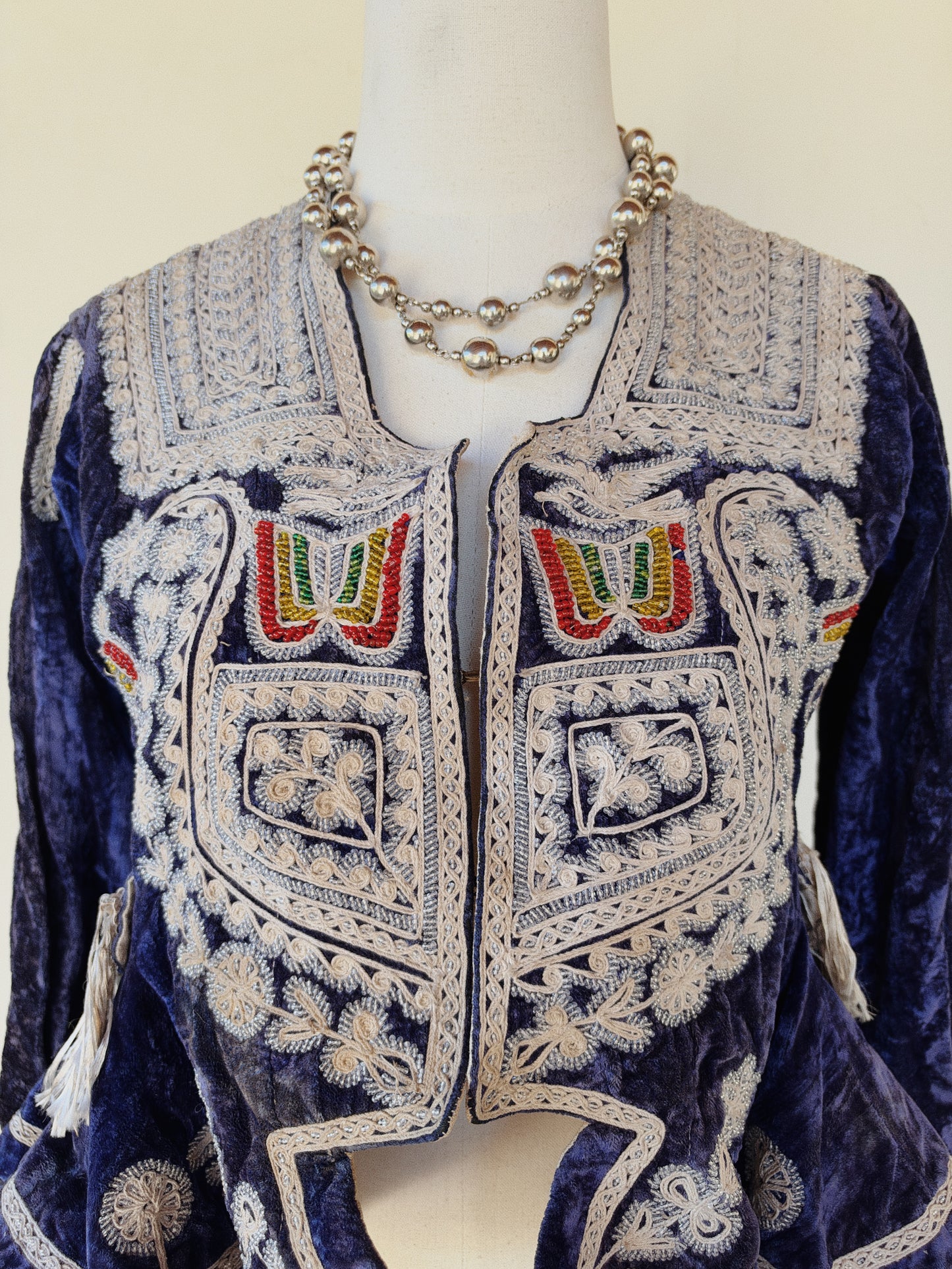 Antique Cobalt Blue Velvet Beaded Folk Jacket w/ Peplum- S/M-M
