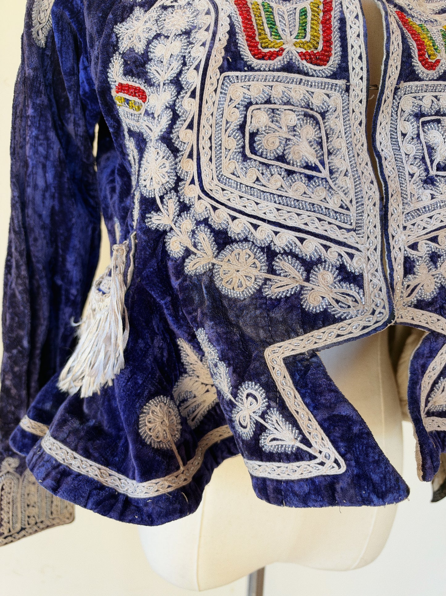 Antique Cobalt Blue Velvet Beaded Folk Jacket w/ Peplum- S/M-M