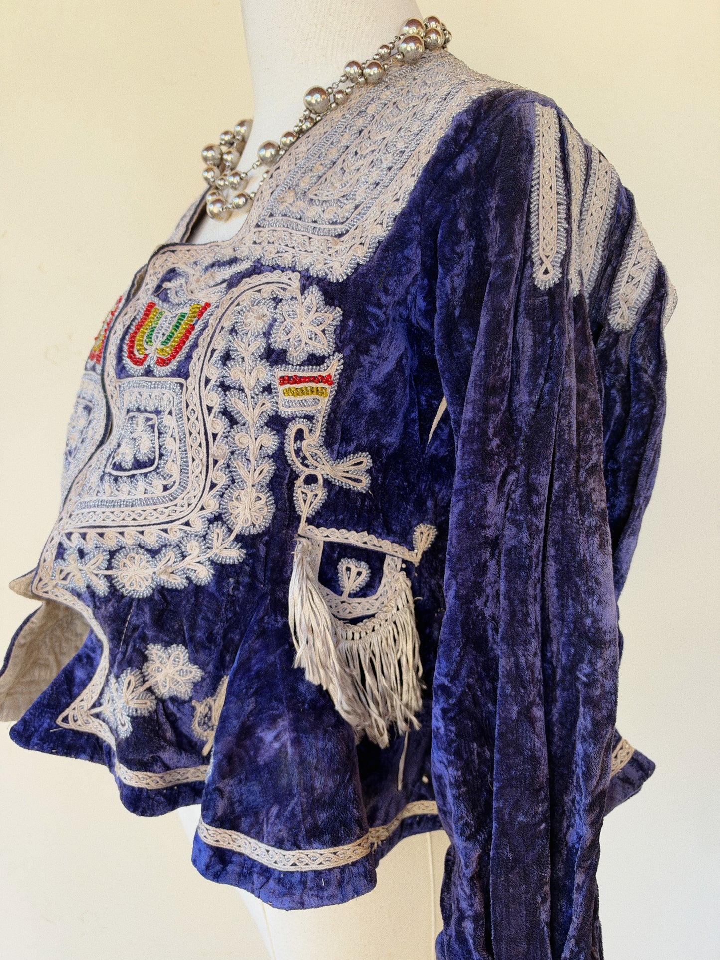 Antique Cobalt Blue Velvet Beaded Folk Jacket w/ Peplum- S/M-M