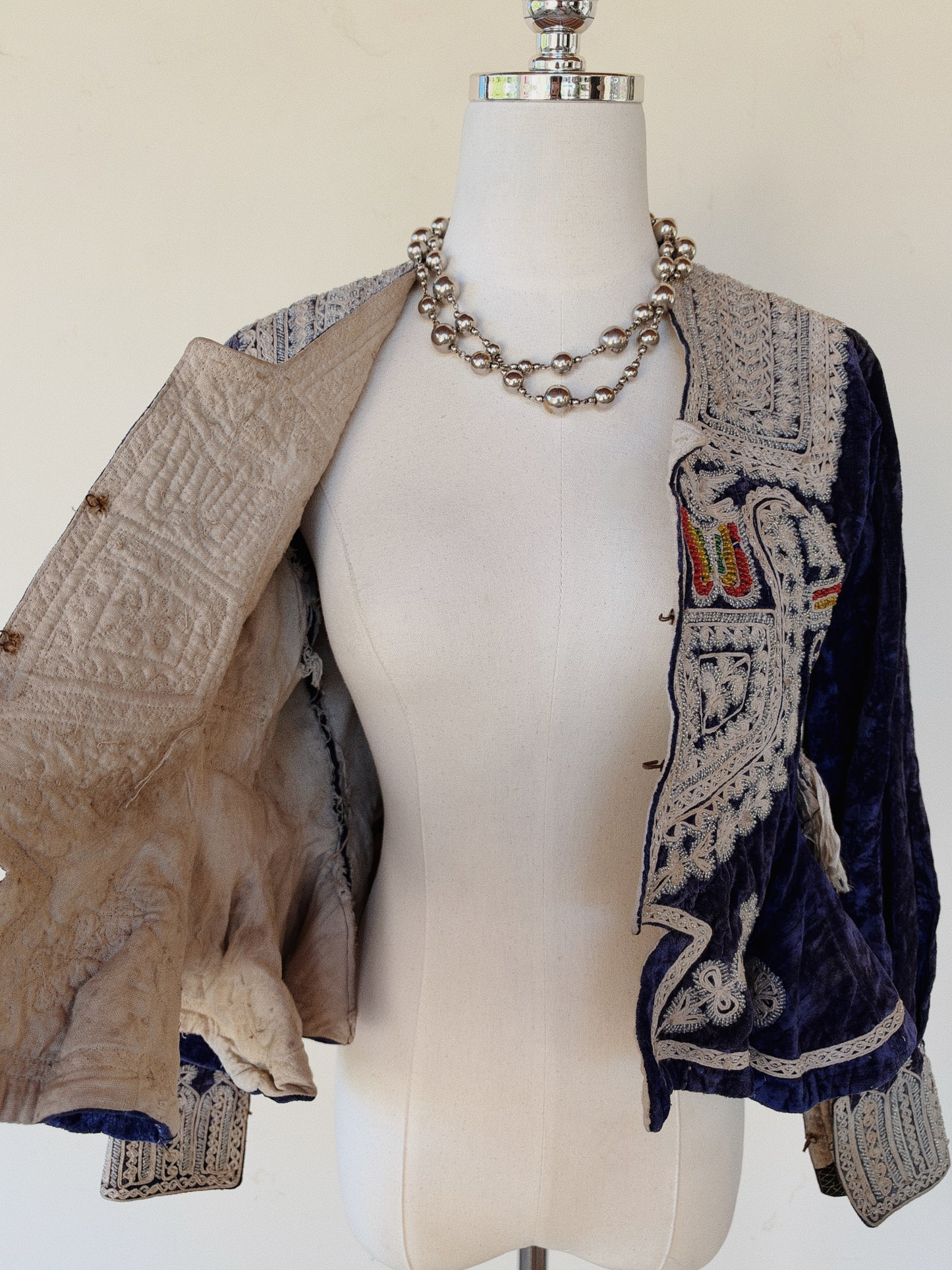 Antique Cobalt Blue Velvet Beaded Folk Jacket w/ Peplum- S/M-M