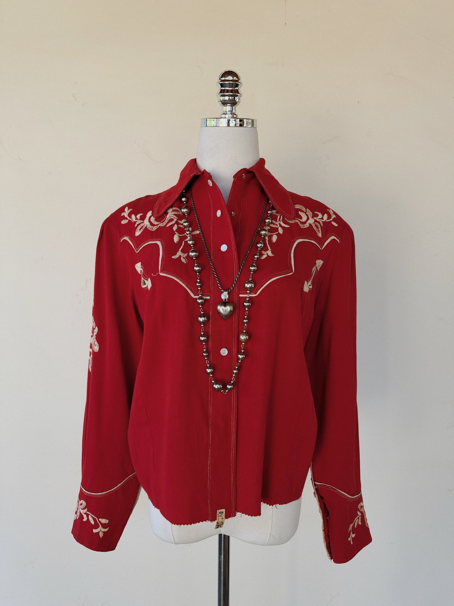1940s Muted Red Rayon Gabardine Western Top- M- M/L