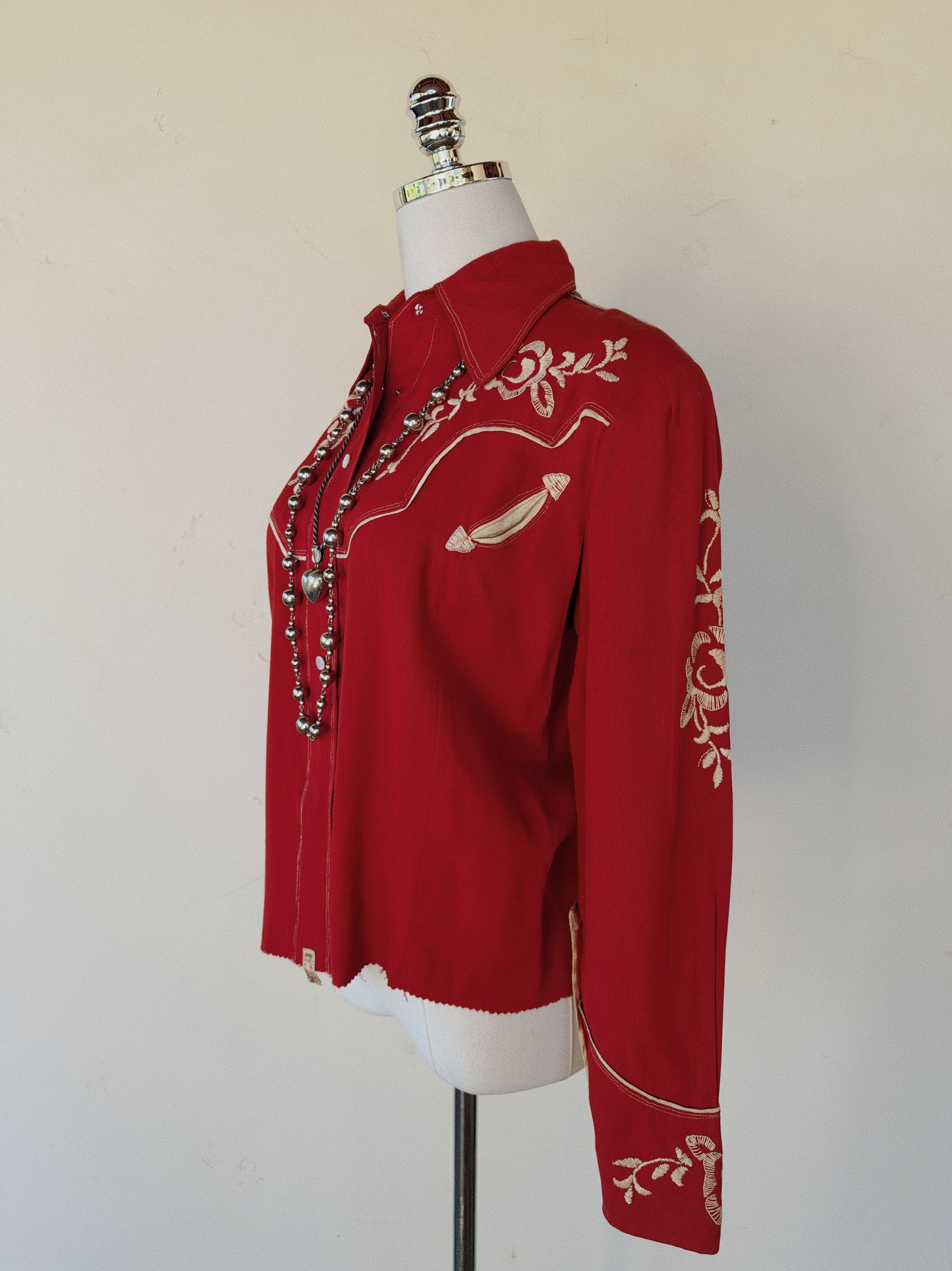 1940s Muted Red Rayon Gabardine Western Top- M- M/L