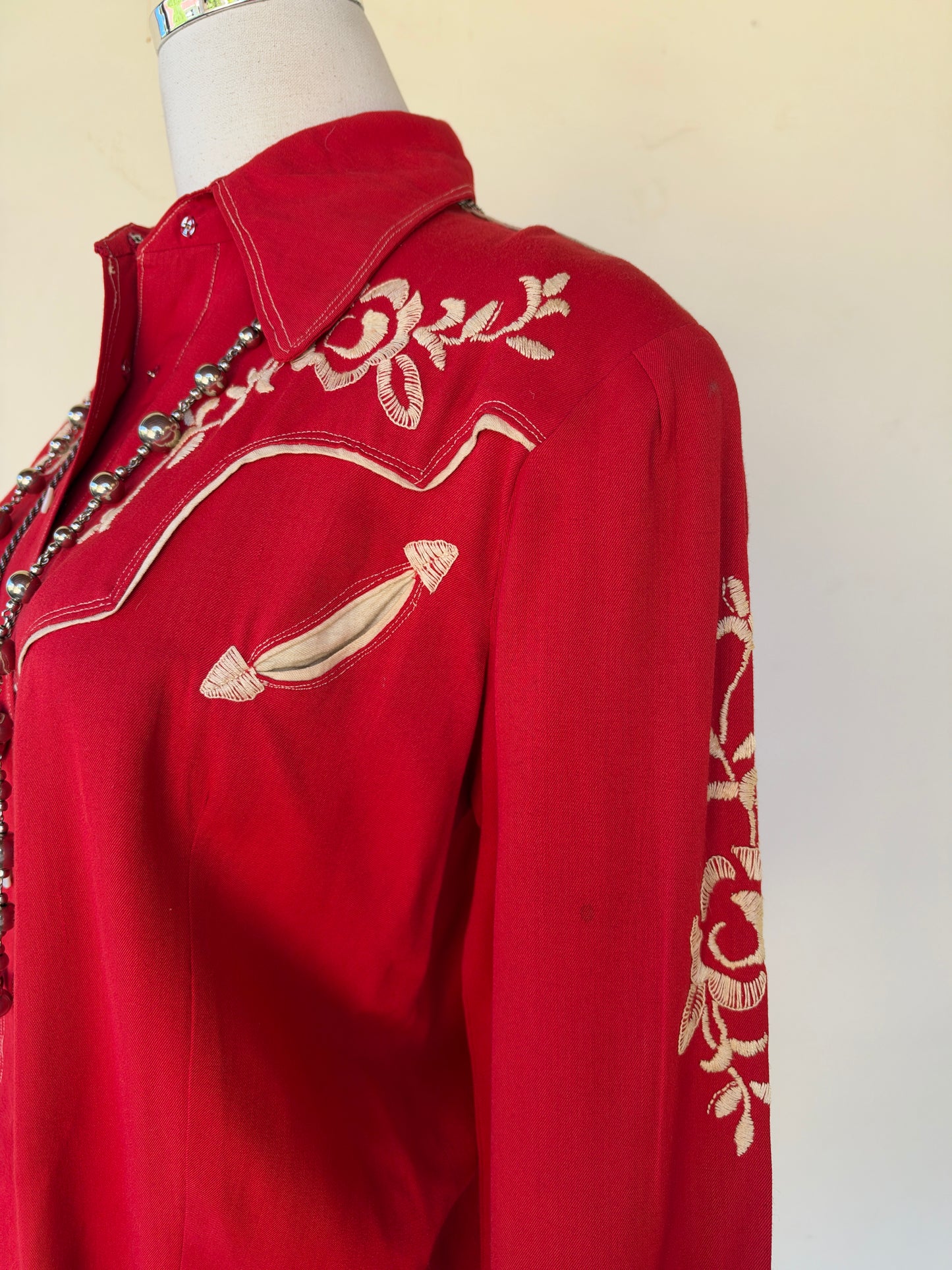 1940s Muted Red Rayon Gabardine Western Top- M- M/L