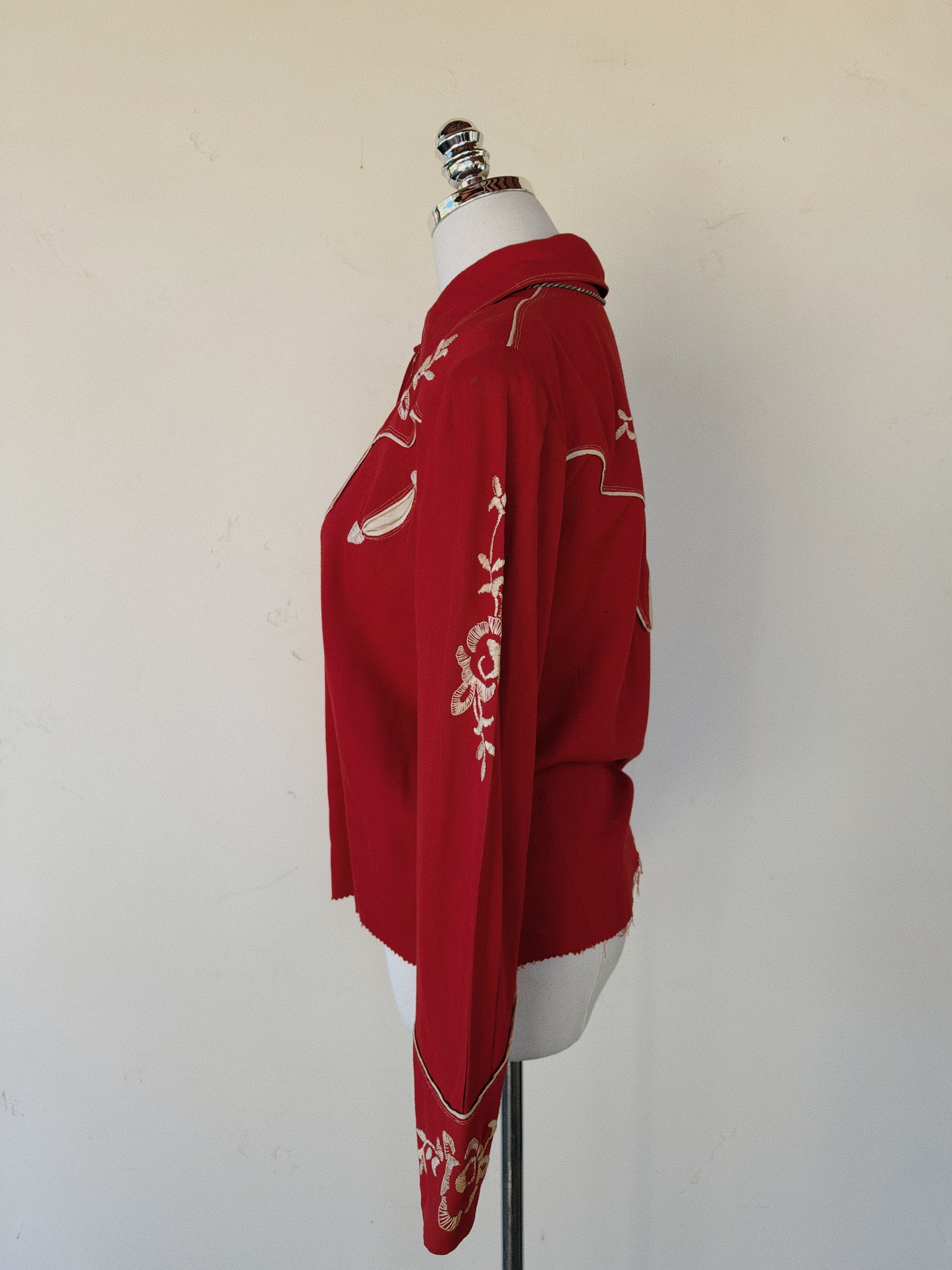 1940s Muted Red Rayon Gabardine Western Top- M- M/L