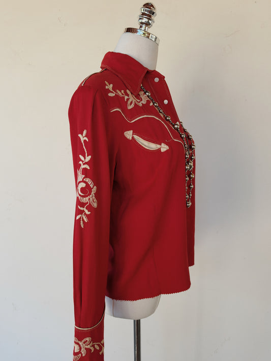 1940s Muted Red Rayon Gabardine Western Top- M- M/L