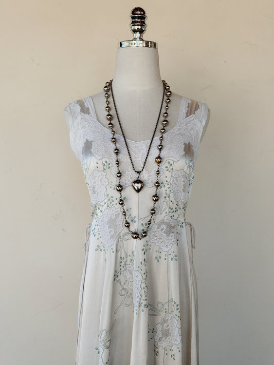 1940s Dove Grey Satin Slip Dress w/ Lace Inserts + Mint Leaf Embroidery- XS-S