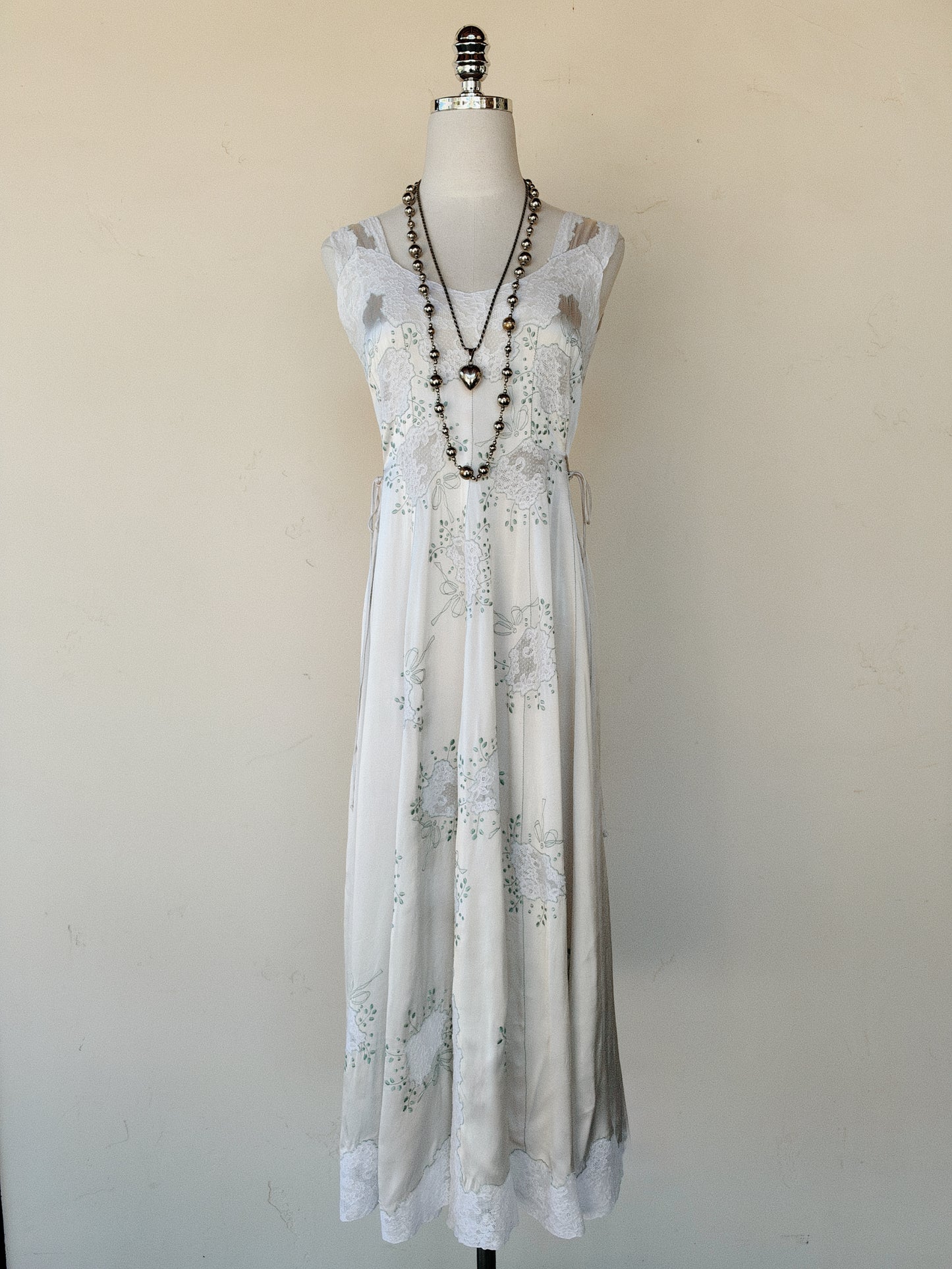 1940s Dove Grey Satin Slip Dress w/ Lace Inserts + Mint Leaf Embroidery- XS-S