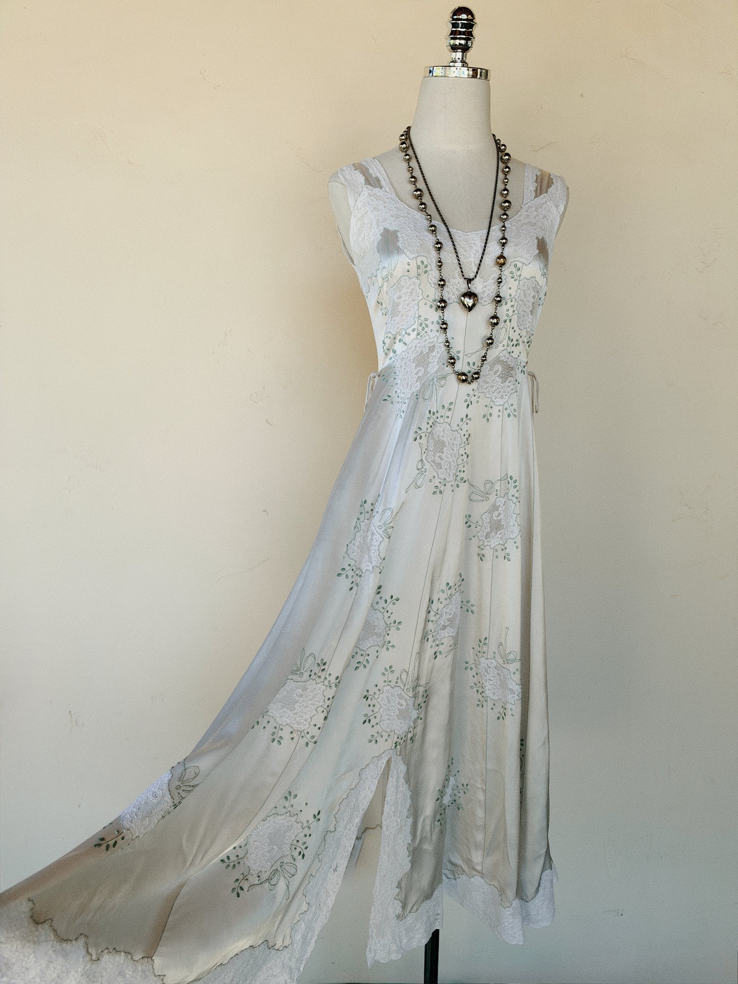 1940s Dove Grey Satin Slip Dress w/ Lace Inserts + Mint Leaf Embroidery- XS-S