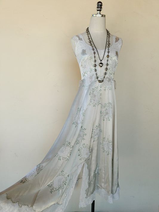1940s Dove Grey Satin Slip Dress w/ Lace Inserts + Mint Leaf Embroidery- XS-S