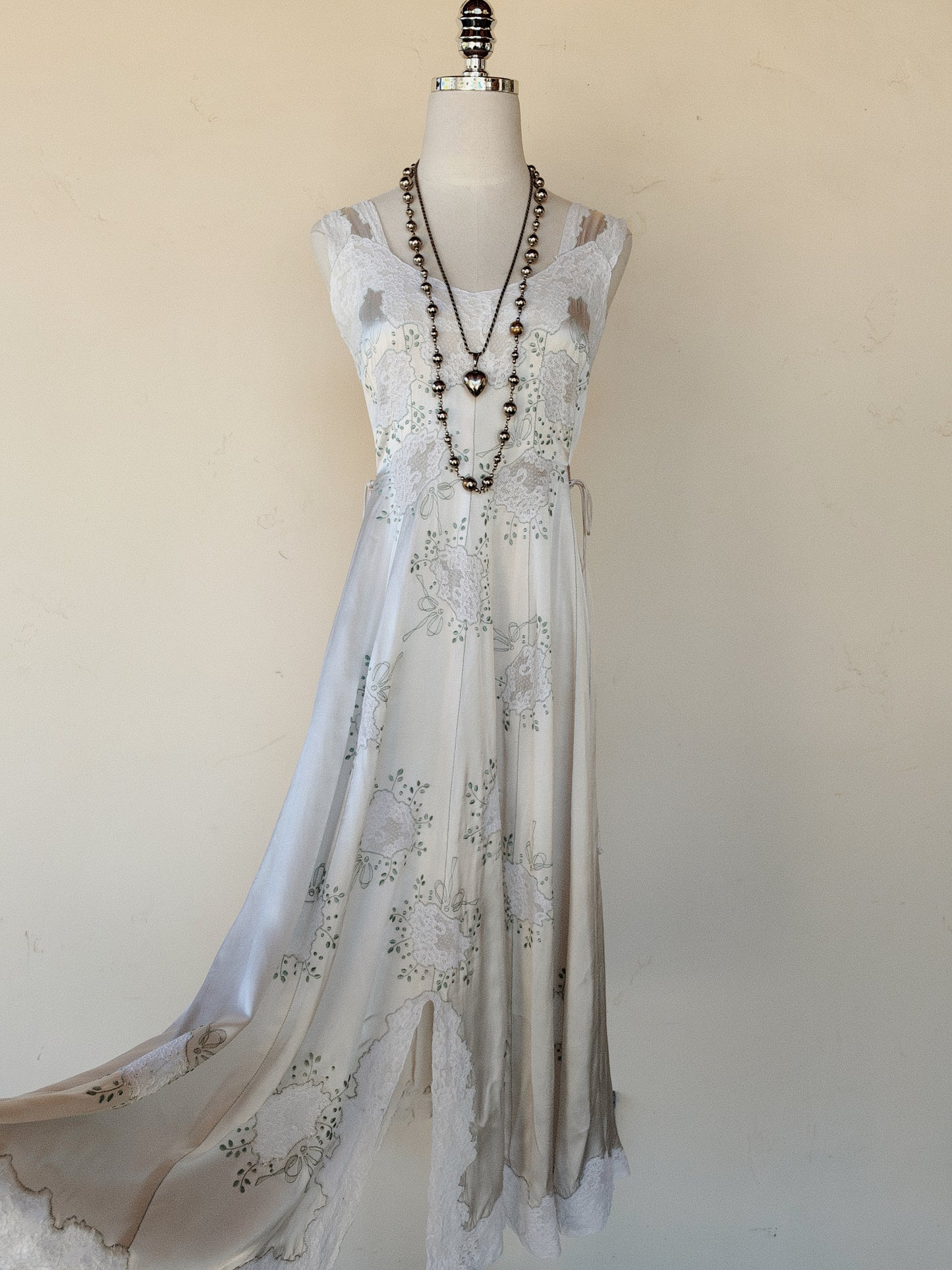 1940s Dove Grey Satin Slip Dress w/ Lace Inserts + Mint Leaf Embroidery- XS-S