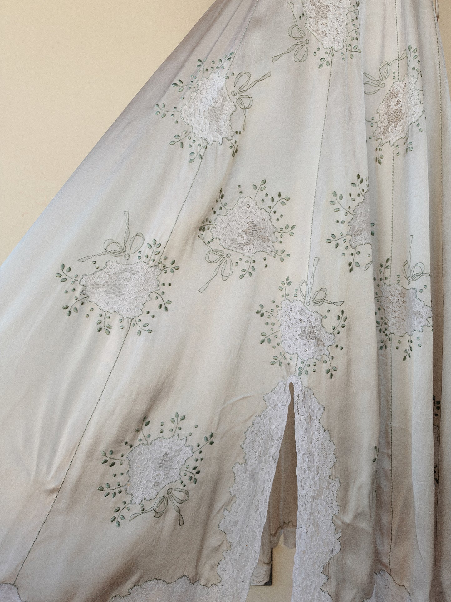 1940s Dove Grey Satin Slip Dress w/ Lace Inserts + Mint Leaf Embroidery- XS-S