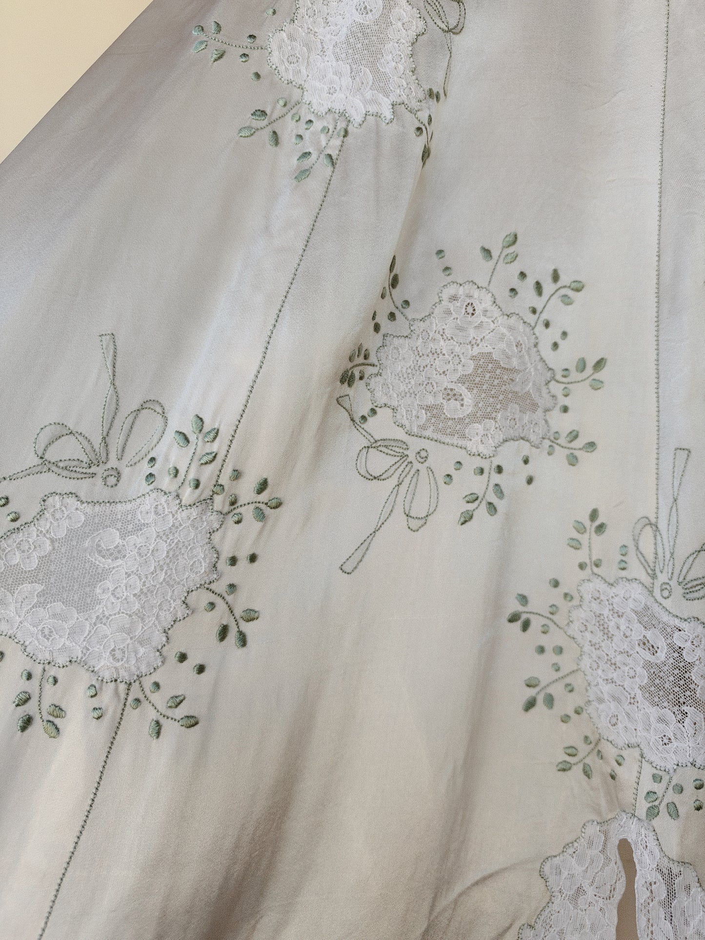 1940s Dove Grey Satin Slip Dress w/ Lace Inserts + Mint Leaf Embroidery- XS-S