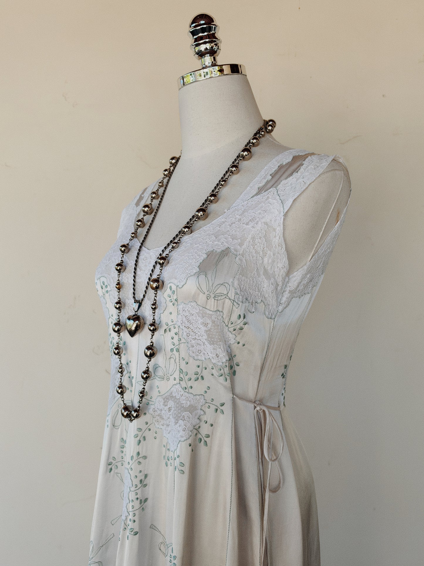 1940s Dove Grey Satin Slip Dress w/ Lace Inserts + Mint Leaf Embroidery- XS-S