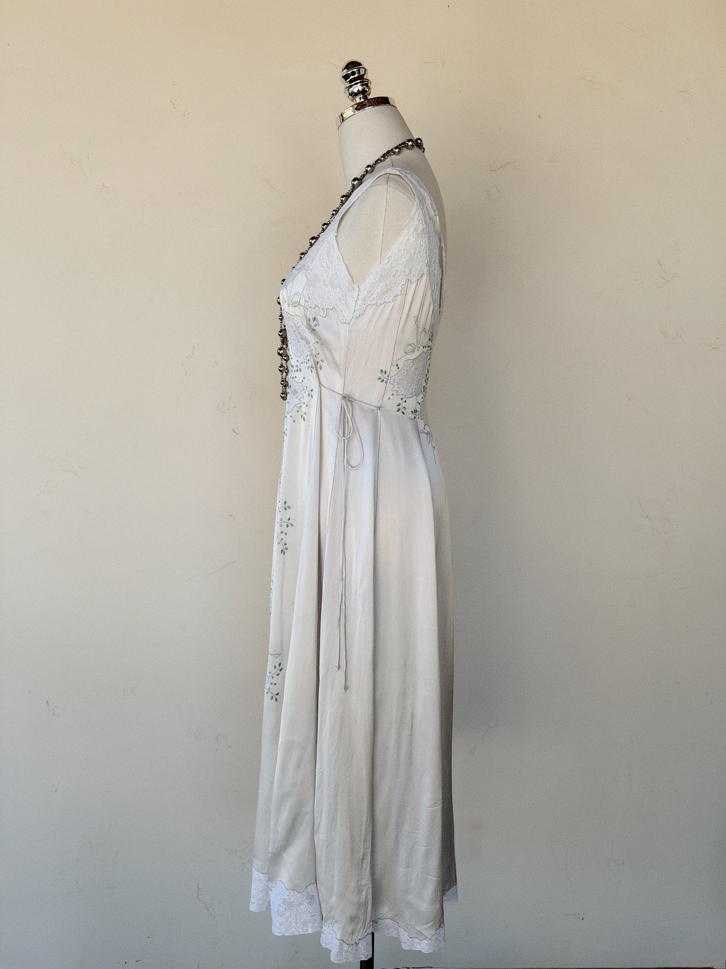 1940s Dove Grey Satin Slip Dress w/ Lace Inserts + Mint Leaf Embroidery- XS-S
