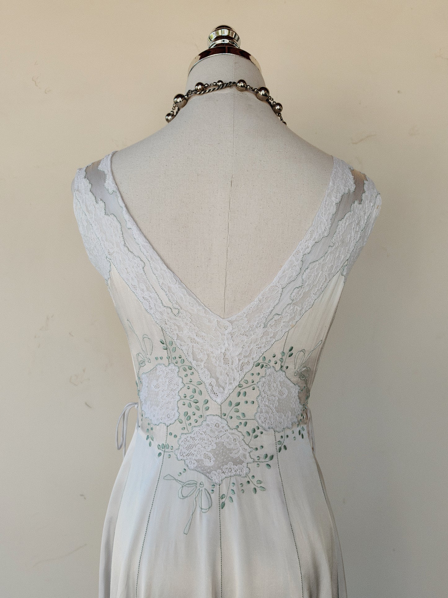 1940s Dove Grey Satin Slip Dress w/ Lace Inserts + Mint Leaf Embroidery- XS-S