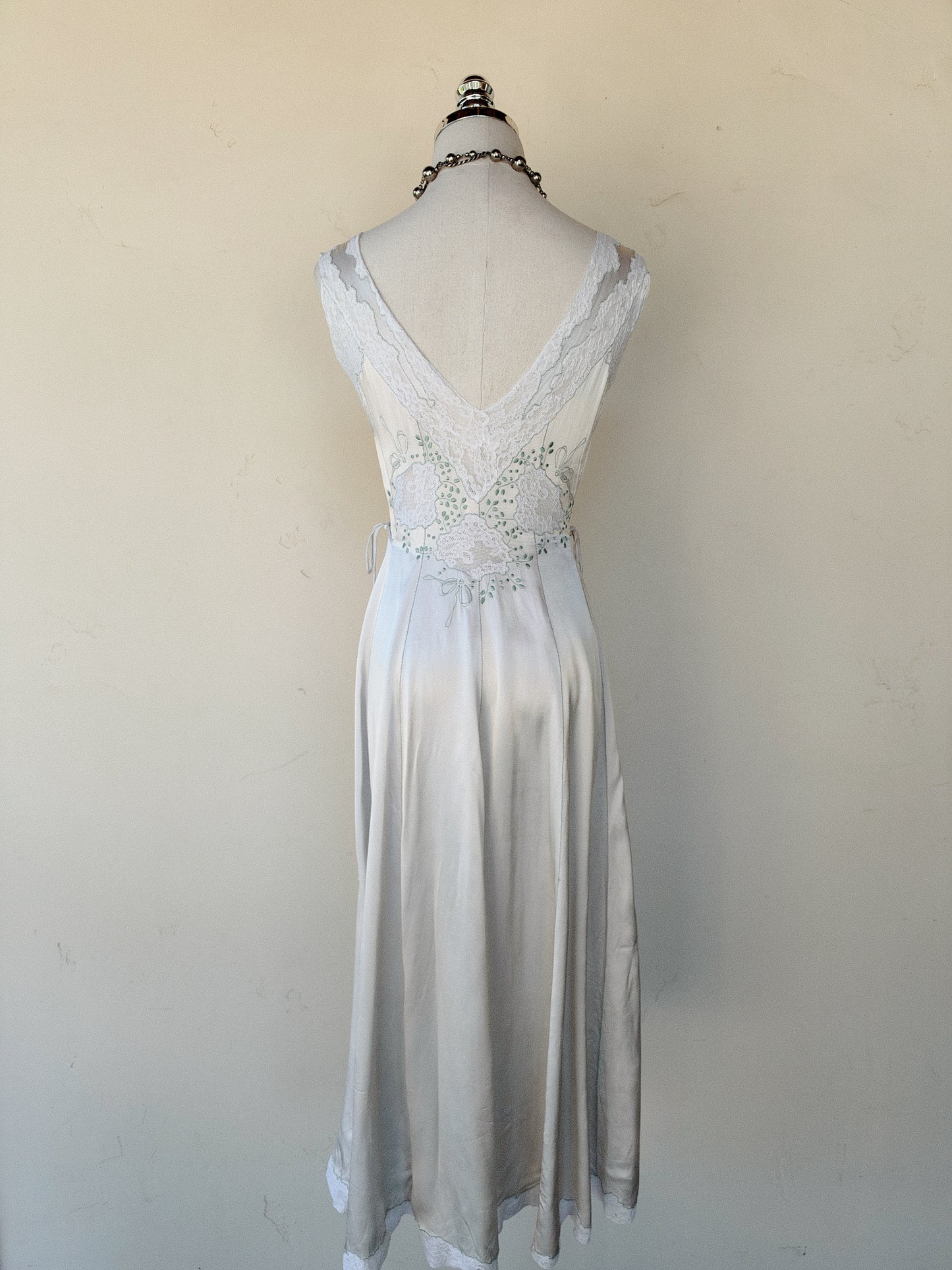 1940s Dove Grey Satin Slip Dress w/ Lace Inserts + Mint Leaf Embroidery- XS-S